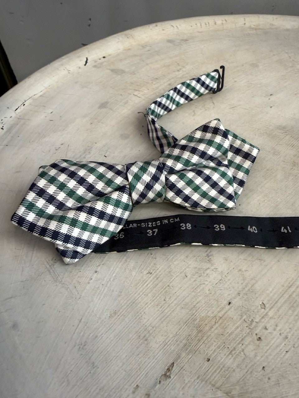 BERLIN VINTAGE CORNER navy, forest green, and white gingham pattern pre-tied bow tie with adjustable strap.
