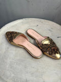 BERLIN VINTAGE CORNER Oscar de la Renta metallic gold leather flat mules with intricate floral bead and sequin vamp