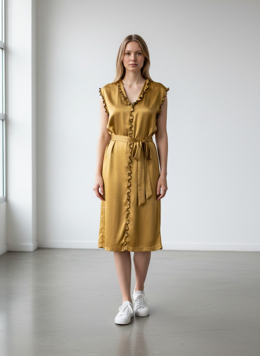BERLIN VINTAGE CORNER gold satin midi dress with V-neck, ruffle trim, and fabric belt. Sleeveless design.