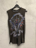 BERLIN VINTAGE CORNER dark grey cotton sleeveless top with graphic crest print and side grommet lacing detail.