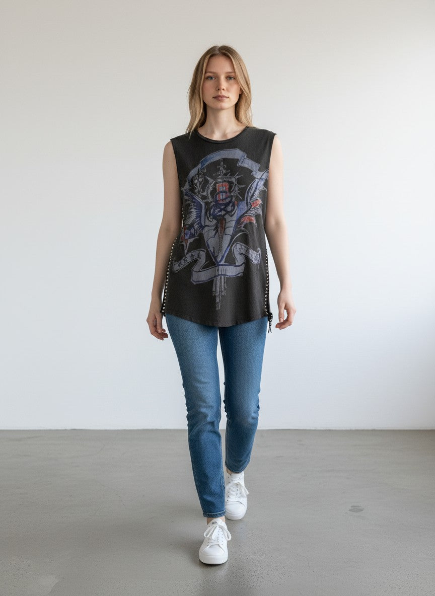 BERLIN VINTAGE CORNER dark grey cotton sleeveless top with graphic print, grommet detailing, and side lacing.
