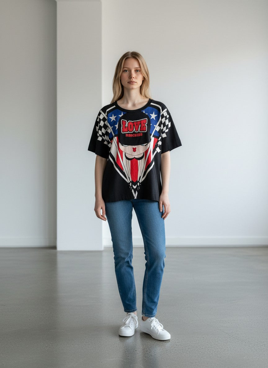 BERLIN VINTAGE CORNER black cotton t-shirt with graphic print featuring American flag elements, checkered pattern, and cartoon character.