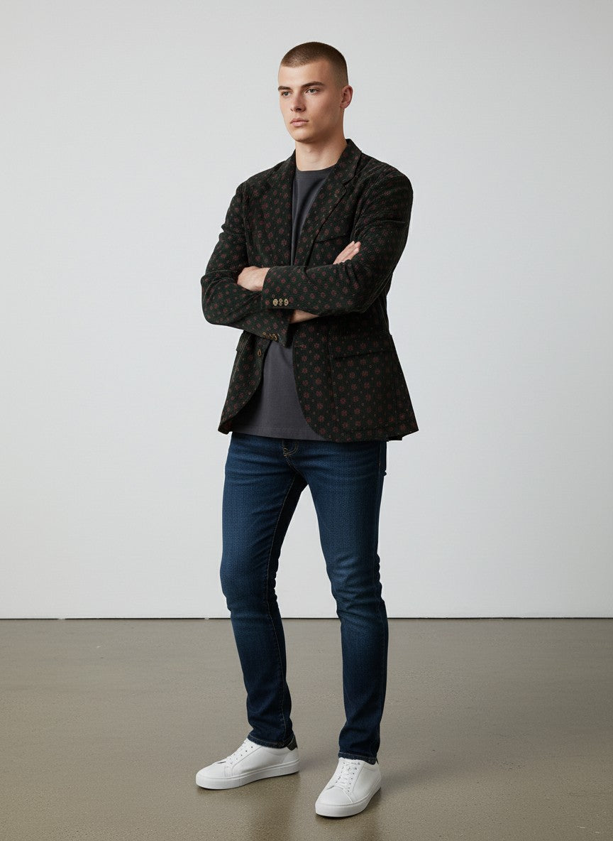 BERLIN VINTAGE CORNER deep green corduroy blazer with all-over red geometric print, two front pockets, and two-button closure.