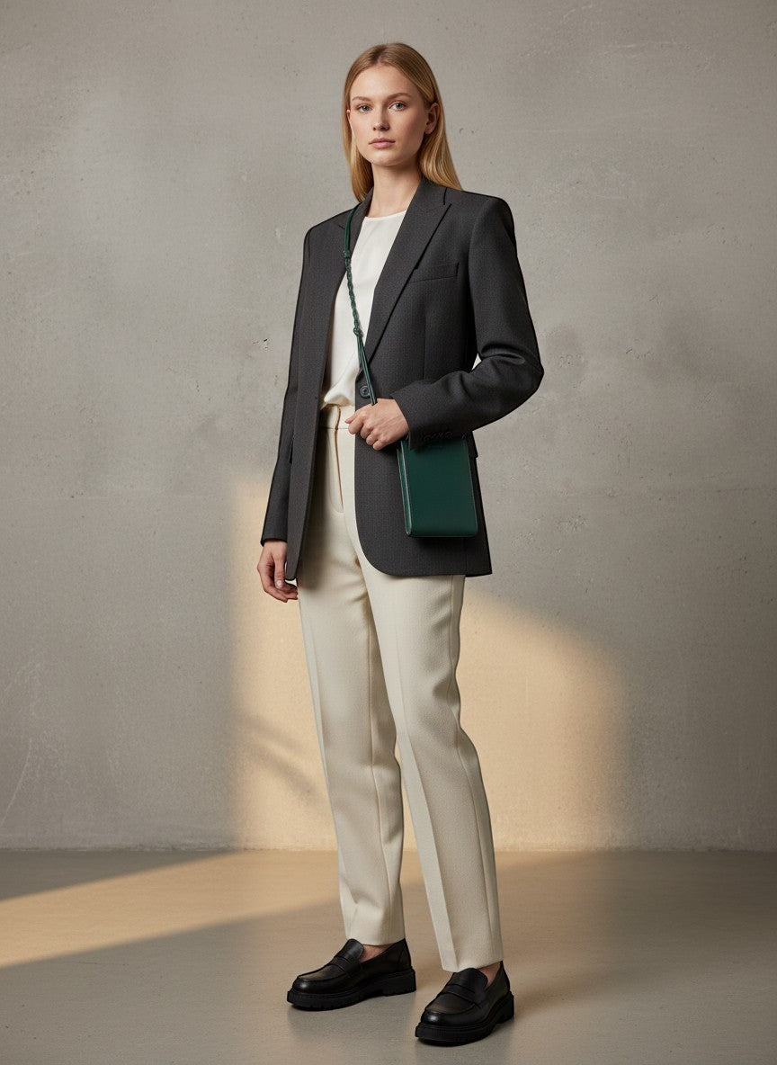 BERLIN VINTAGE CORNER forest green leather crossbody bag with braided strap worn by a woman in a grey blazer.