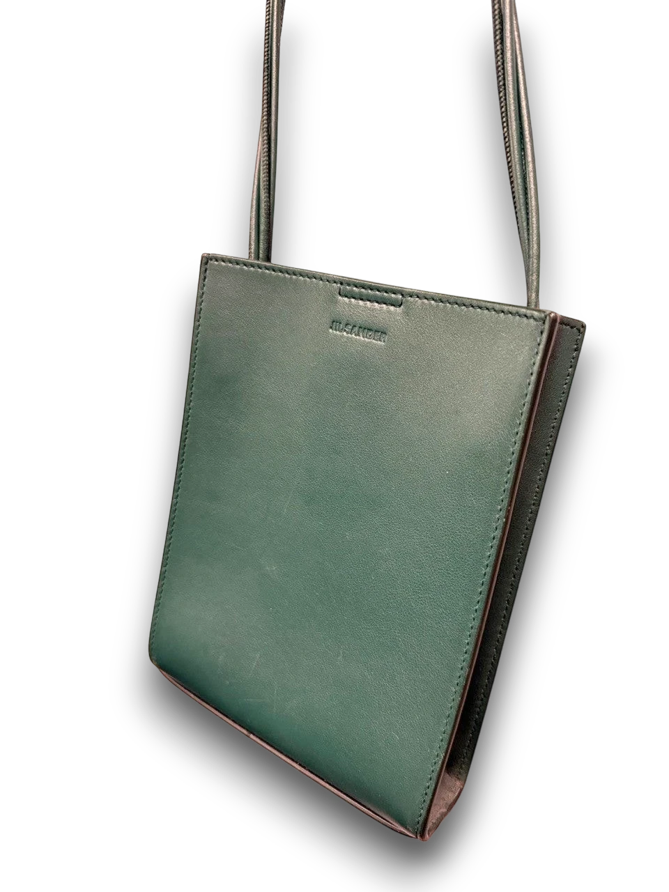 BERLIN VINTAGE CORNER forest green leather shoulder bag with embossed logo and braided strap.