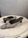 BERLIN VINTAGE CORNER grey fabric mules with brown floral embroidery and square toe.