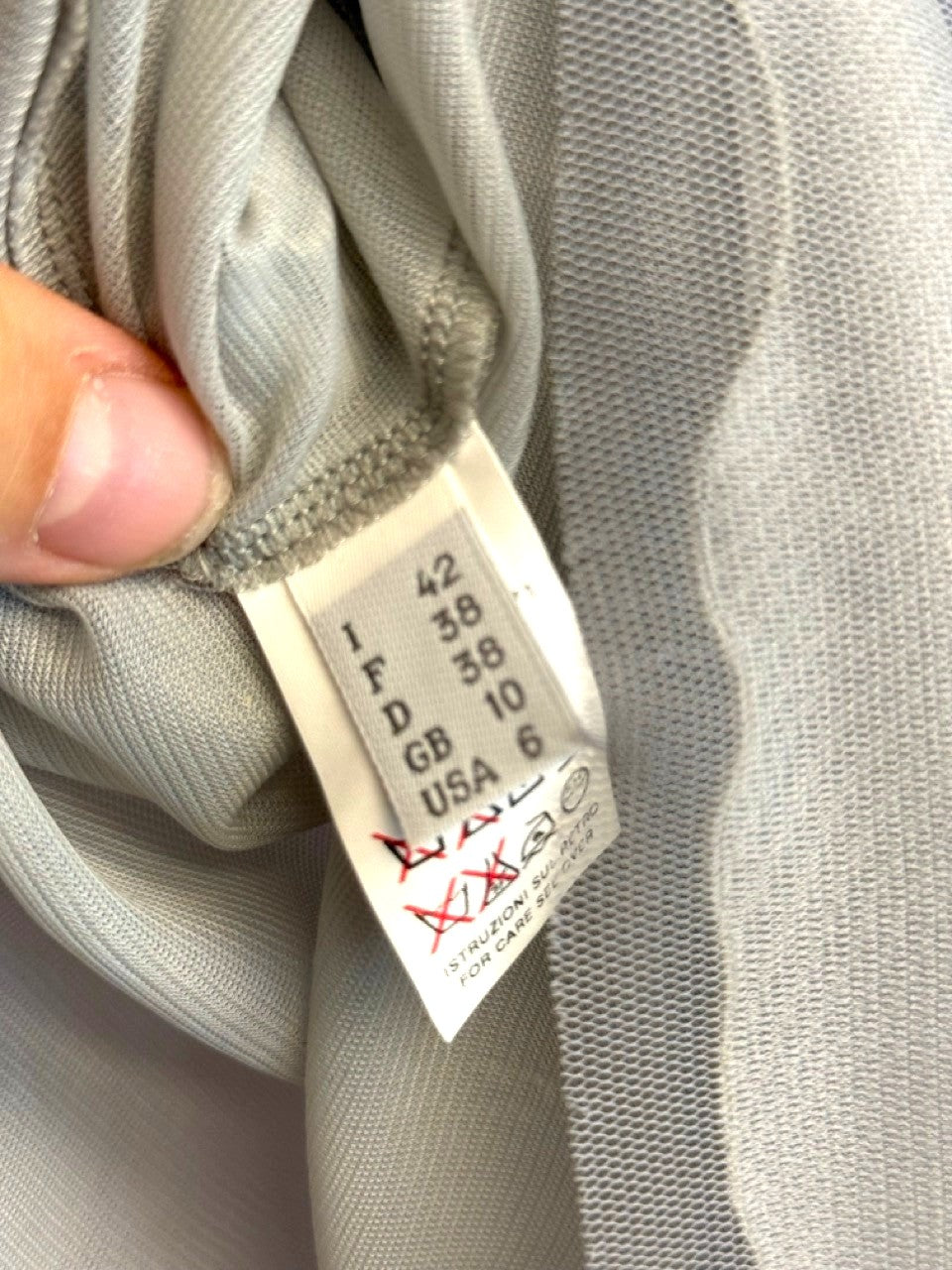BERLIN VINTAGE CORNER grey sheer mesh blouse care and size label showing international sizing details