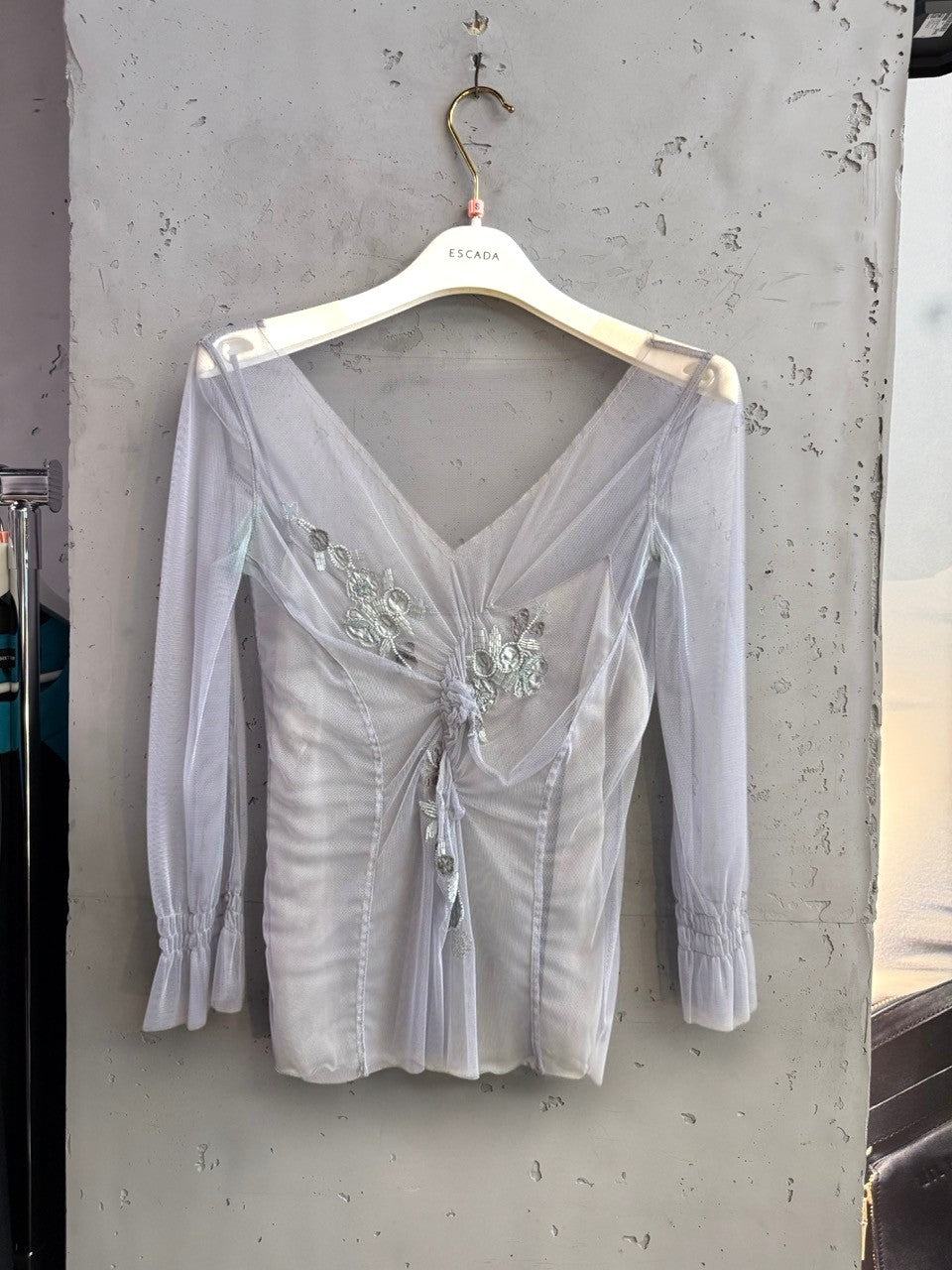 BERLIN VINTAGE CORNER grey sheer tulle long sleeve blouse with delicate floral beadwork and gathered waist detail.