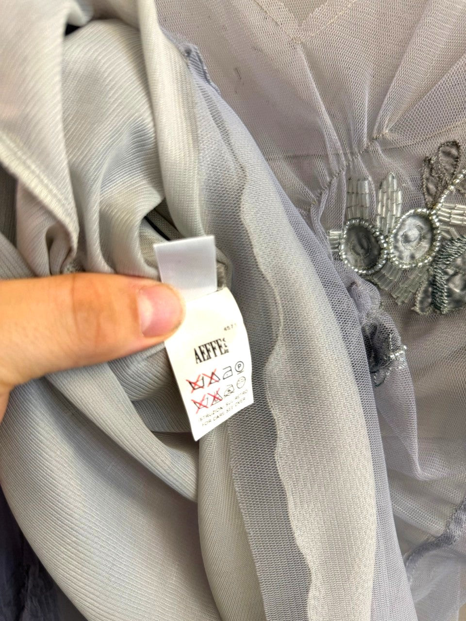 BERLIN VINTAGE CORNER grey sheer tulle blouse interior label and intricate silver beadwork detail