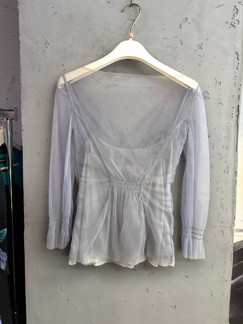 BERLIN VINTAGE CORNER grey sheer tulle long sleeve blouse with gathered waist and delicate layered design