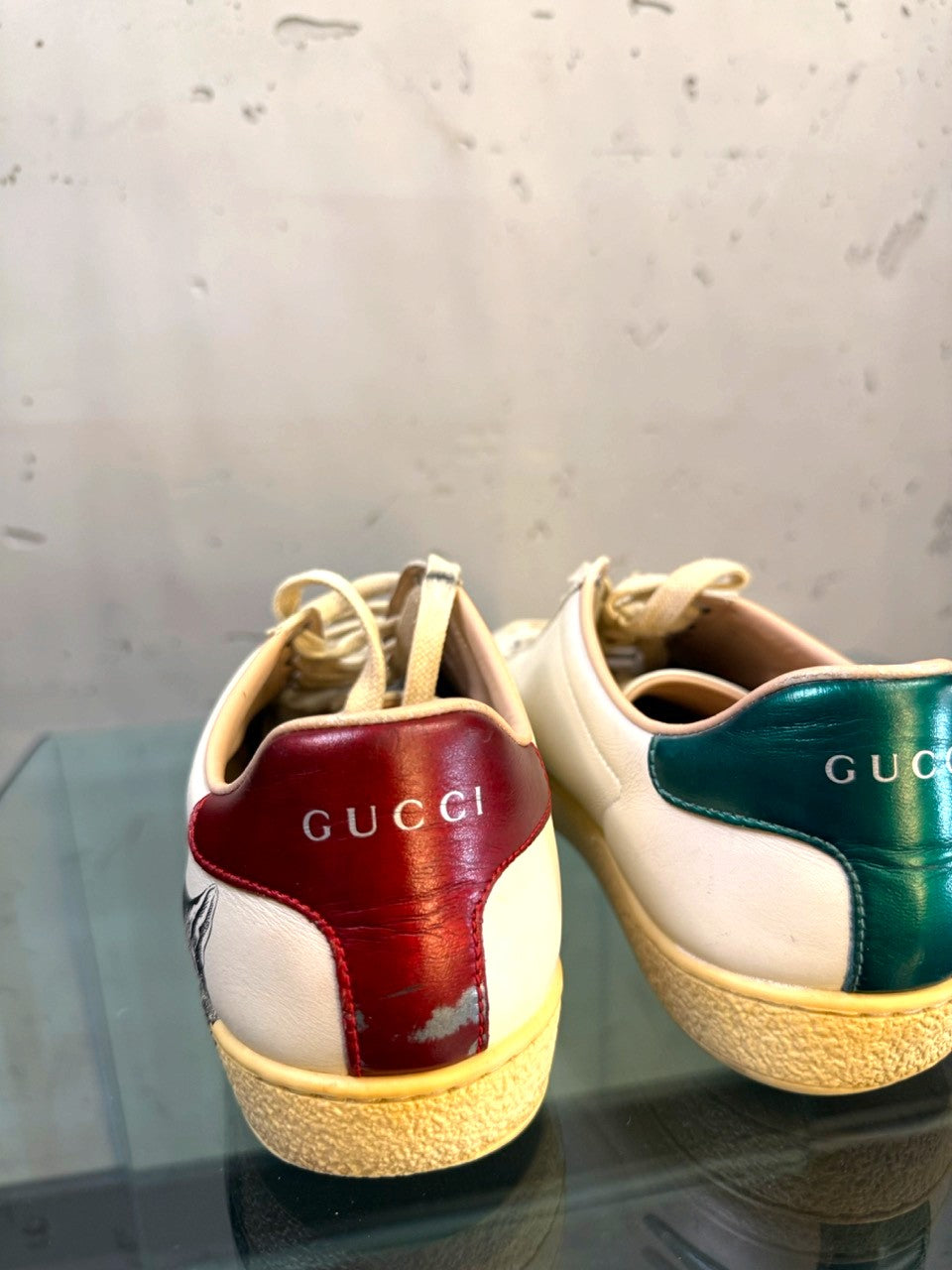 Gucci Ace Mystic Cat Leather Sneakers, heel tab wear