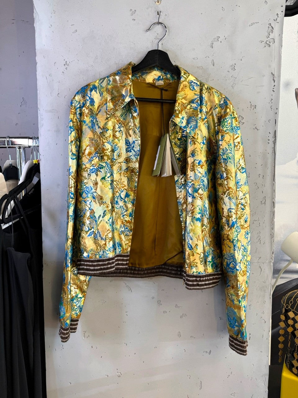 Gucci Love Parade Gold Lamé Jacquard Bomber Jacket, front
