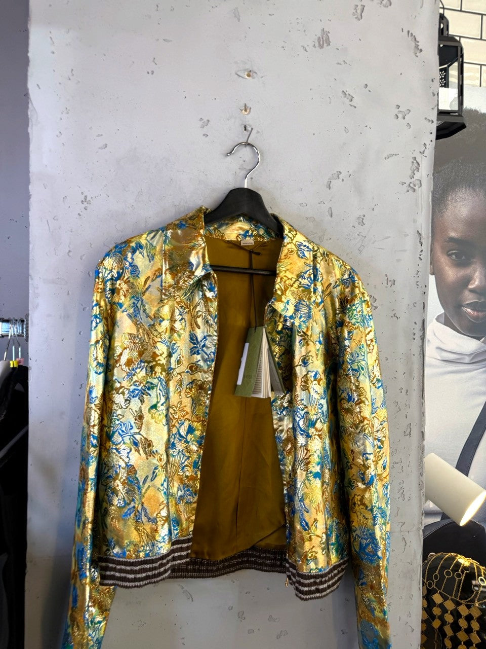 Gucci Love Parade Gold Lamé Jacquard Bomber Jacket, side view