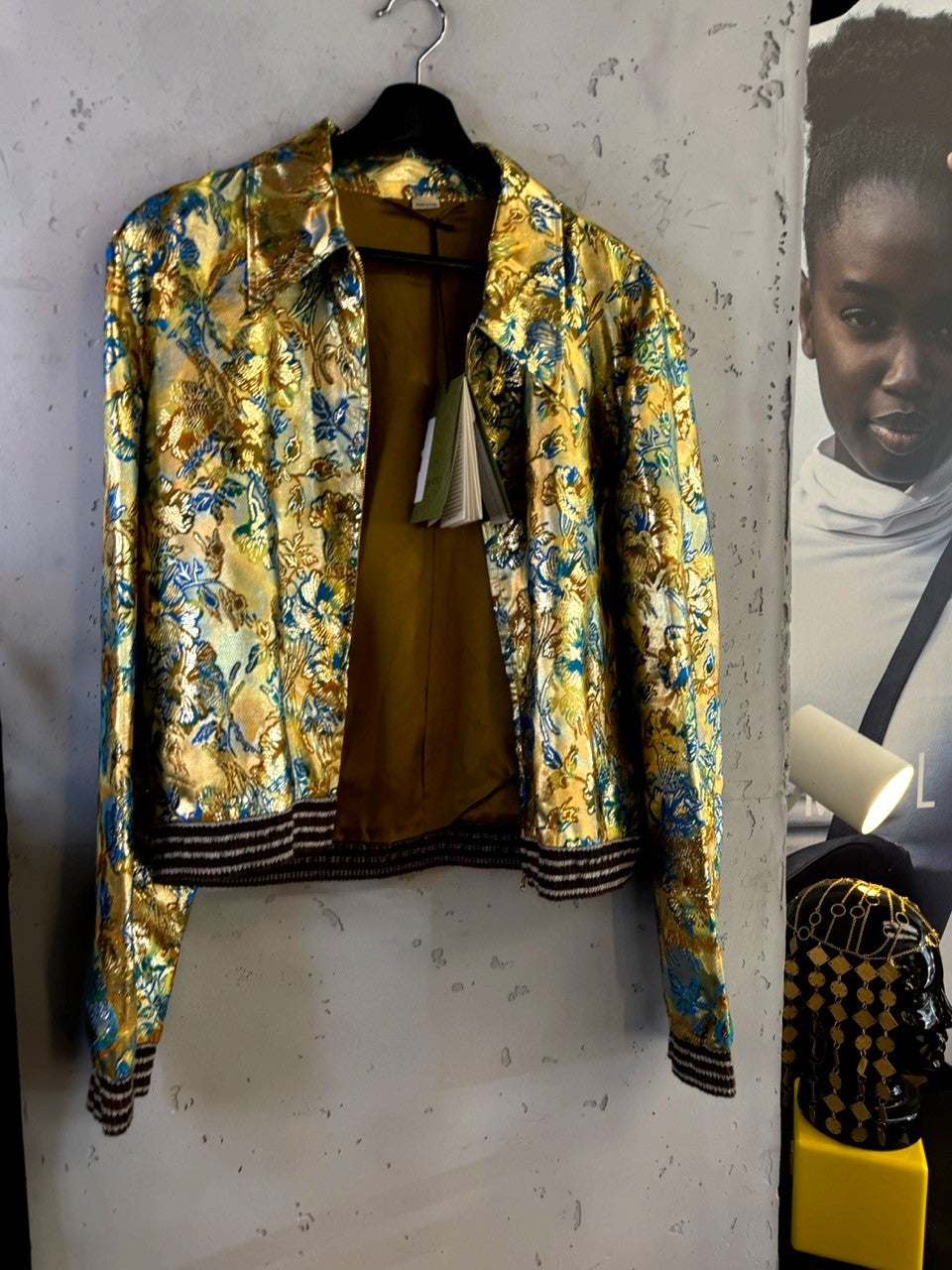 Gucci Love Parade Gold Lamé Jacquard Bomber Jacket, open front