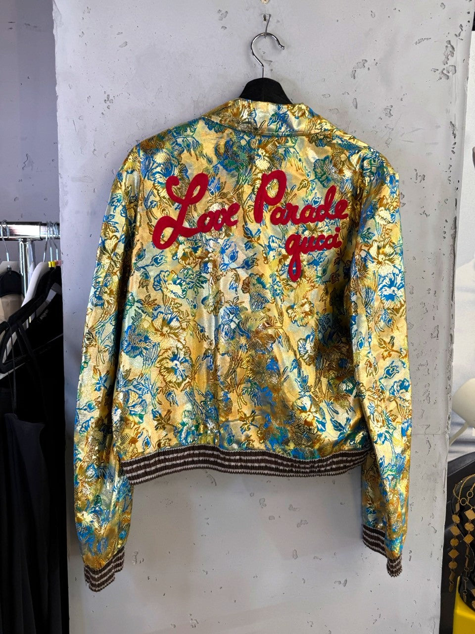 Gucci Love Parade Gold Lamé Jacquard Bomber Jacket, back with Love Parade embroidery