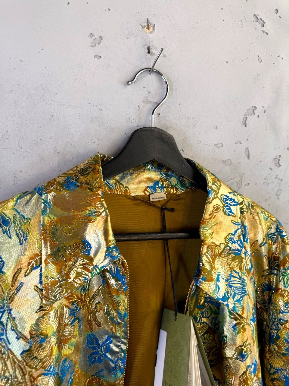 Gucci Love Parade Gold Lamé Jacquard Bomber Jacket, collar