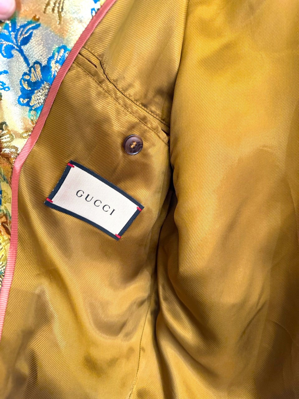 Gucci Love Parade Gold Lamé Jacquard Bomber Jacket, Gucci label and lining