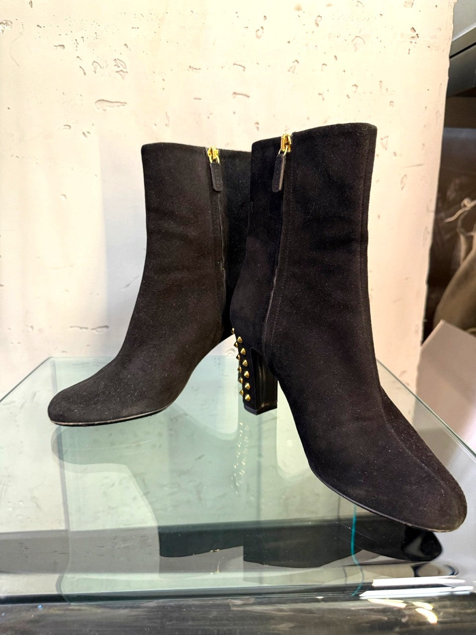 Gucci Black Suede Ankle Boots with Gold Studded Heel