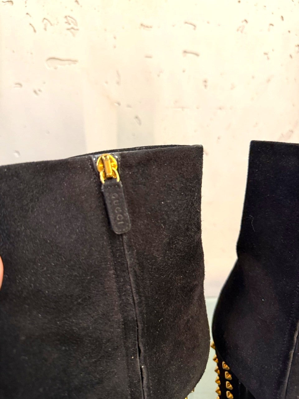 Gucci Black Suede Ankle Boots with Gold Studded Heel
