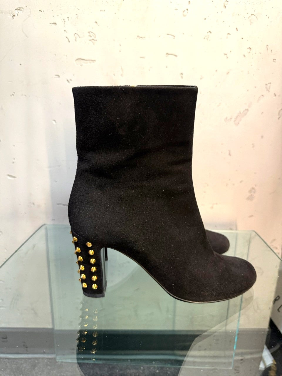 Gucci Black Suede Ankle Boots with Gold Studded Heel
