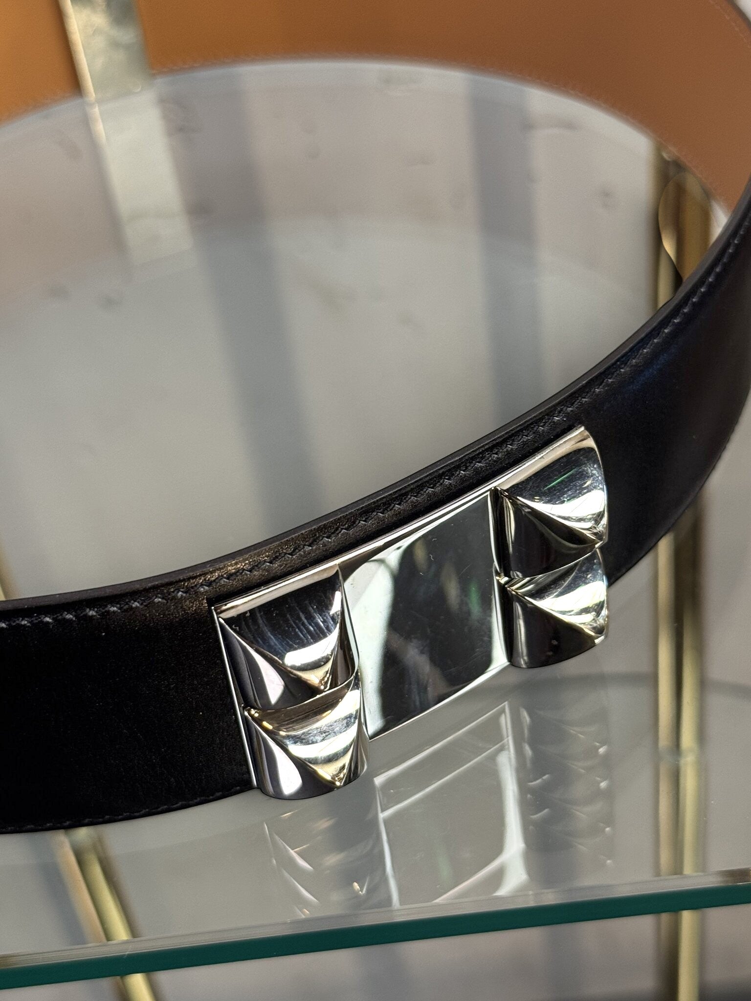 BERLIN VINTAGE CORNER Hermes black leather waist belt with polished silver-tone pyramid stud hardware