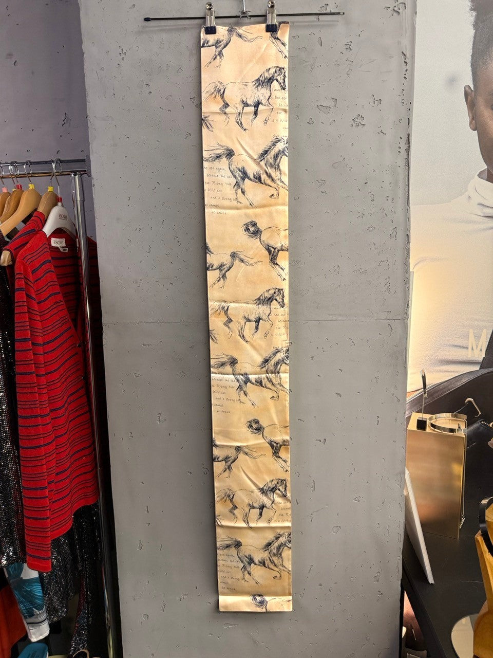 BERLIN VINTAGE CORNER skinny silk scarf in golden-tan with charcoal horse sketches and poetic script text.