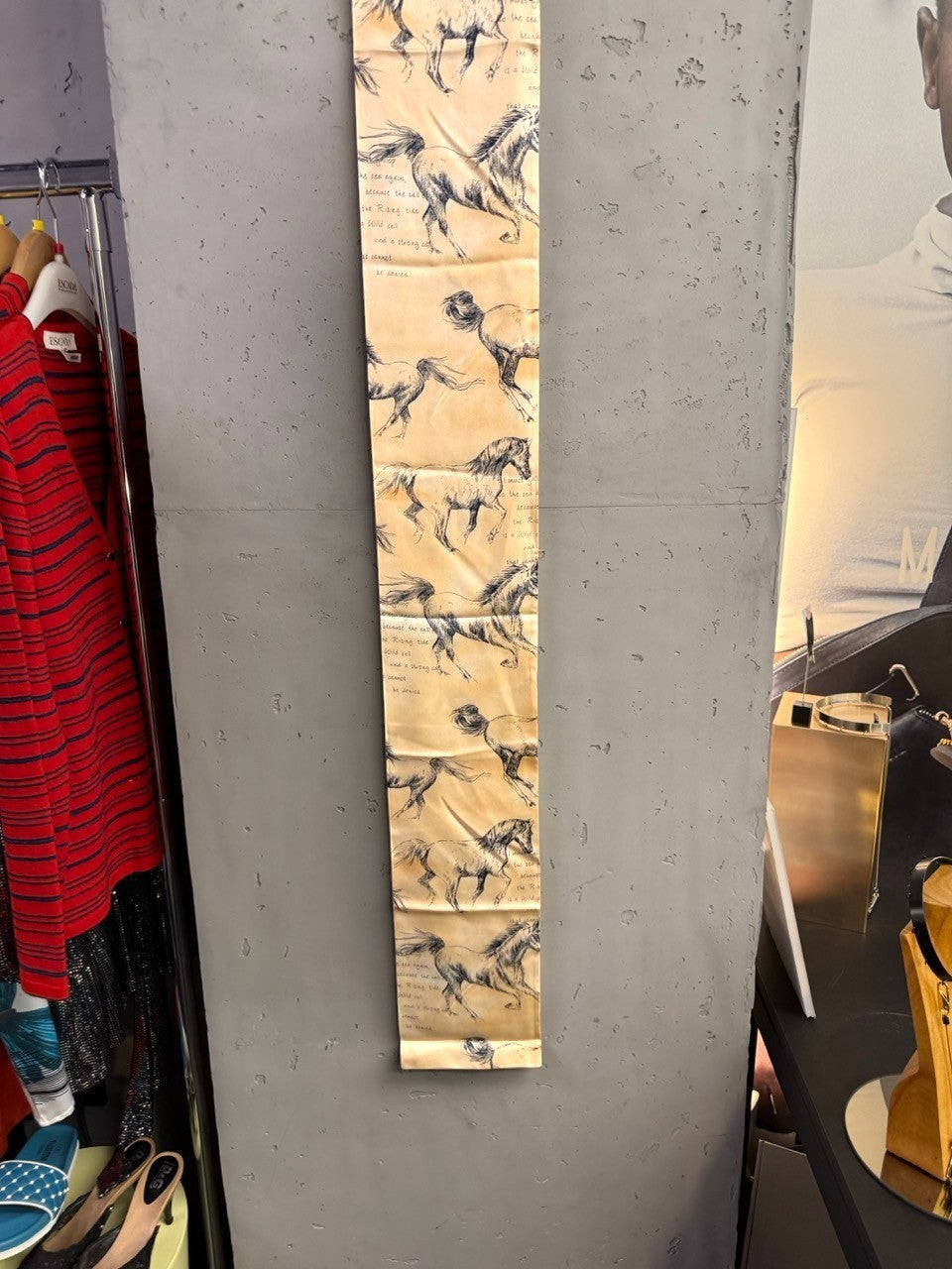 BERLIN VINTAGE CORNER skinny silk scarf in golden-tan with charcoal galloping horse sketches and poetic script text.