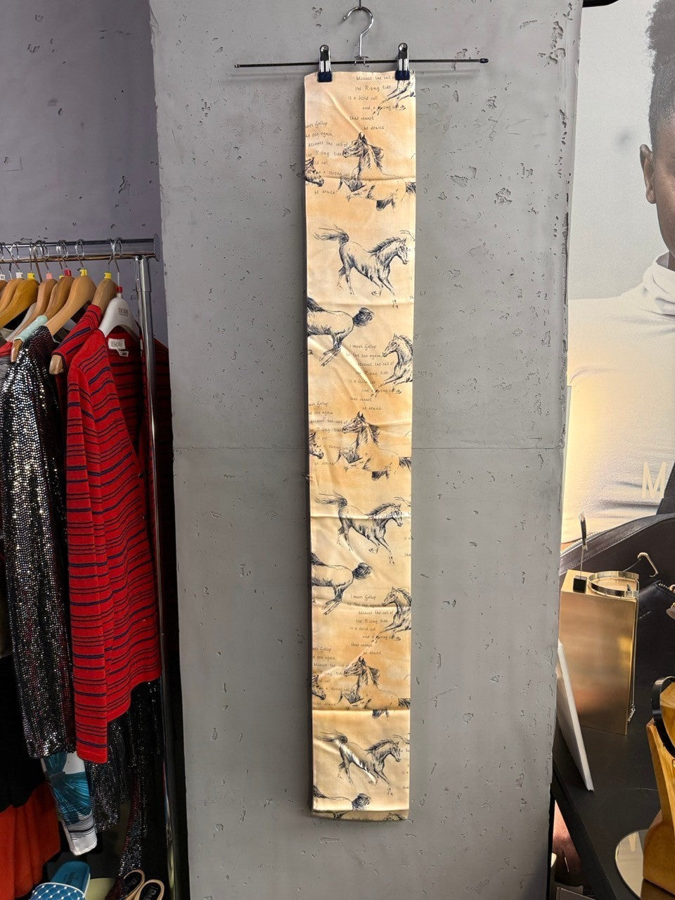 BERLIN VINTAGE CORNER skinny silk scarf in golden-tan with charcoal horse sketches and poetic script text.