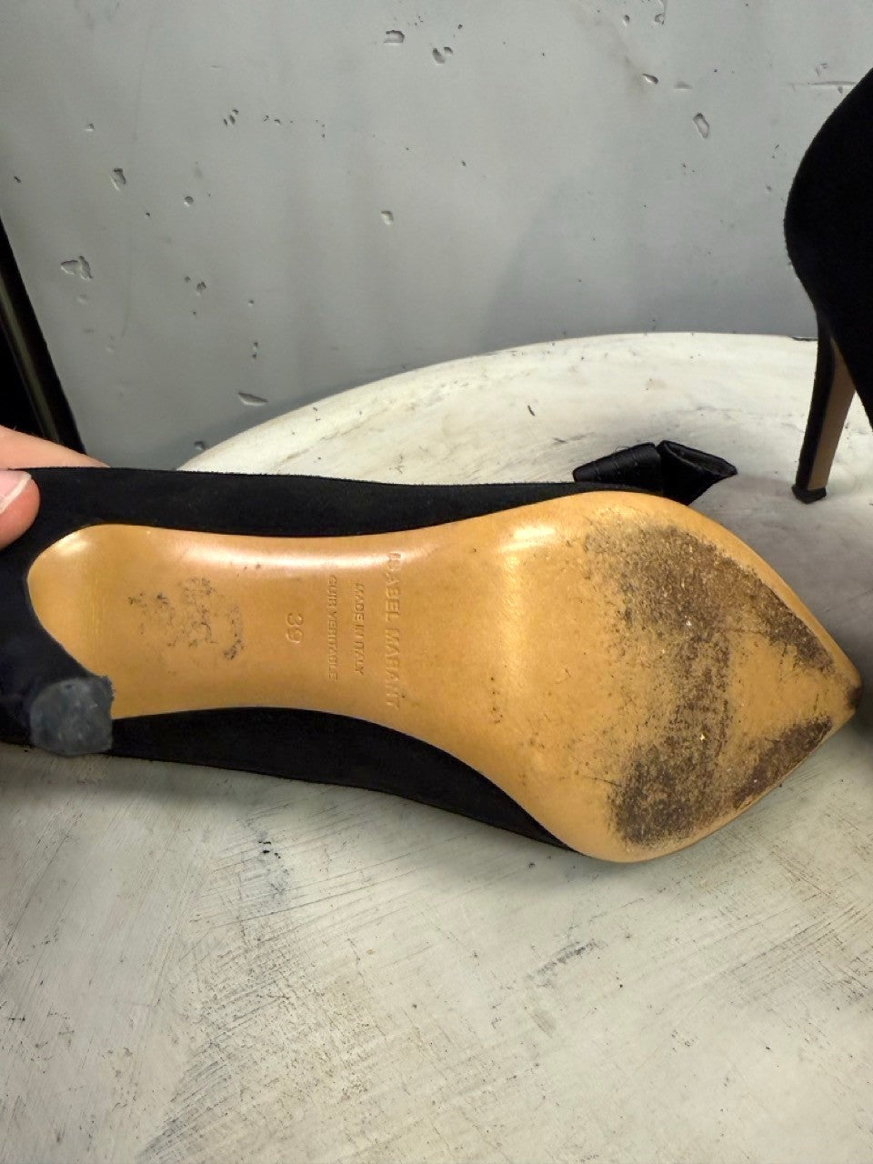 BERLIN VINTAGE CORNER Isabel Marant black suede stiletto heel showing the leather sole and size 39 stamp