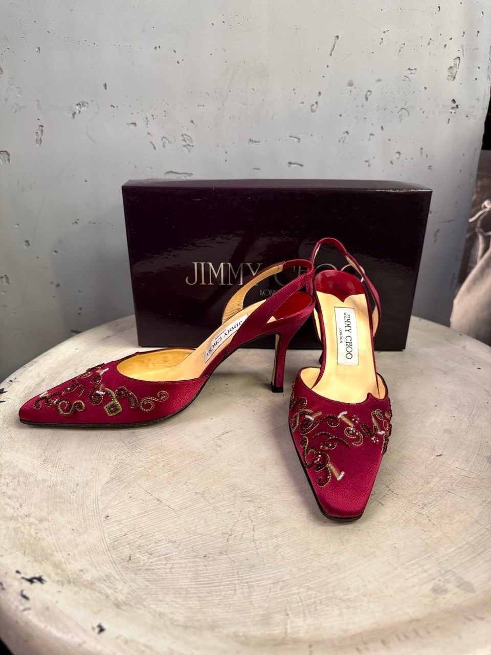 BERLIN VINTAGE CORNER Jimmy Choo burgundy satin slingback heels with intricate beadwork and pointed toe