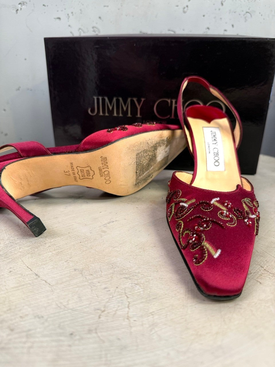 BERLIN VINTAGE CORNER Jimmy Choo burgundy satin slingback heels with intricate beadwork and pointed toe