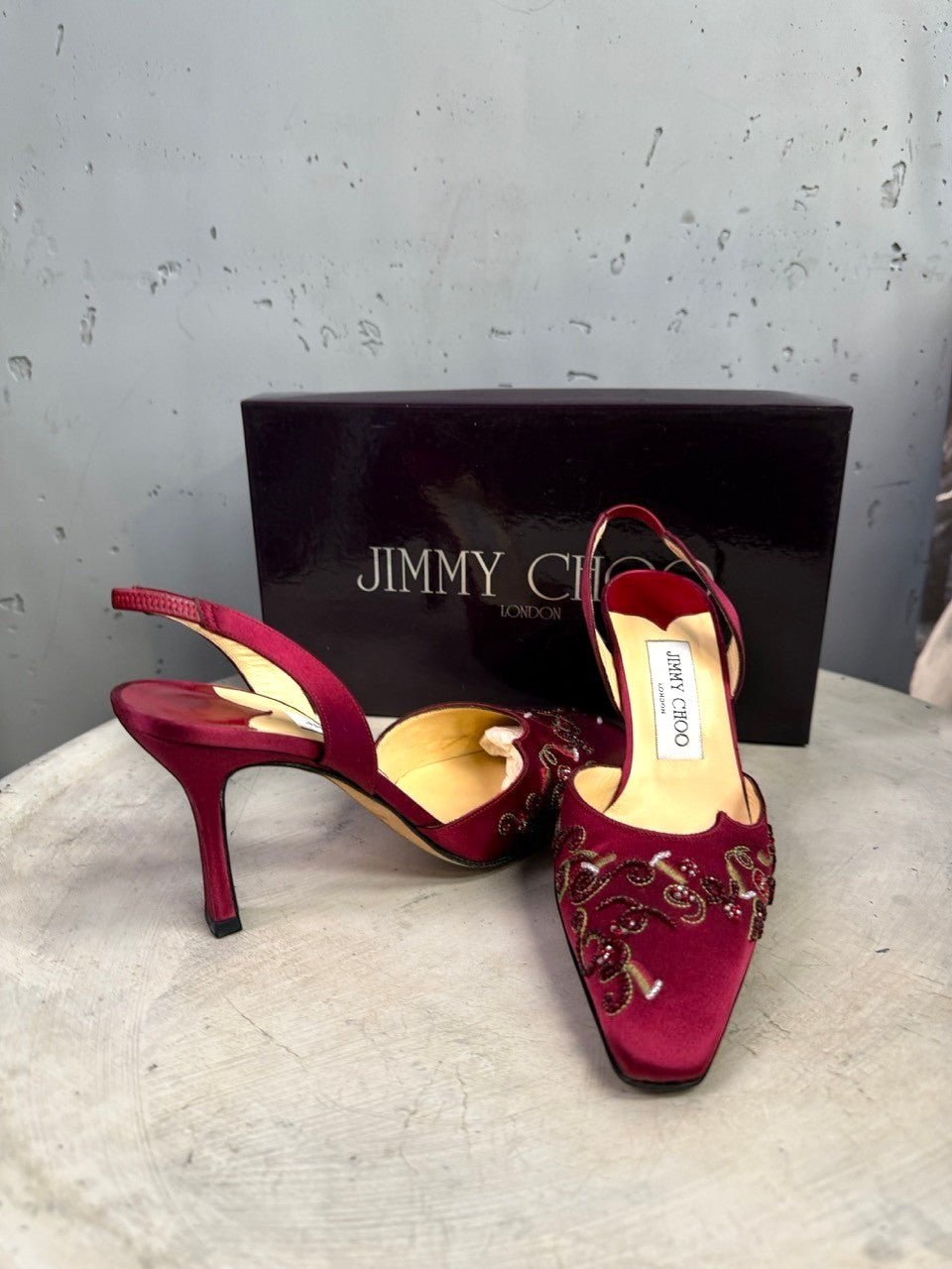 BERLIN VINTAGE CORNER Jimmy Choo burgundy satin slingback heels with intricate beadwork and pointed toe