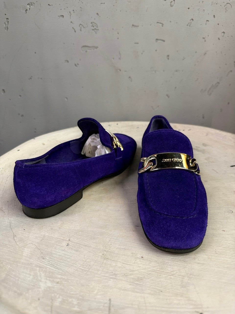 BERLIN VINTAGE CORNER Jimmy Choo deep violet suede loafers featuring polished gold-tone chain hardware on the vamp.