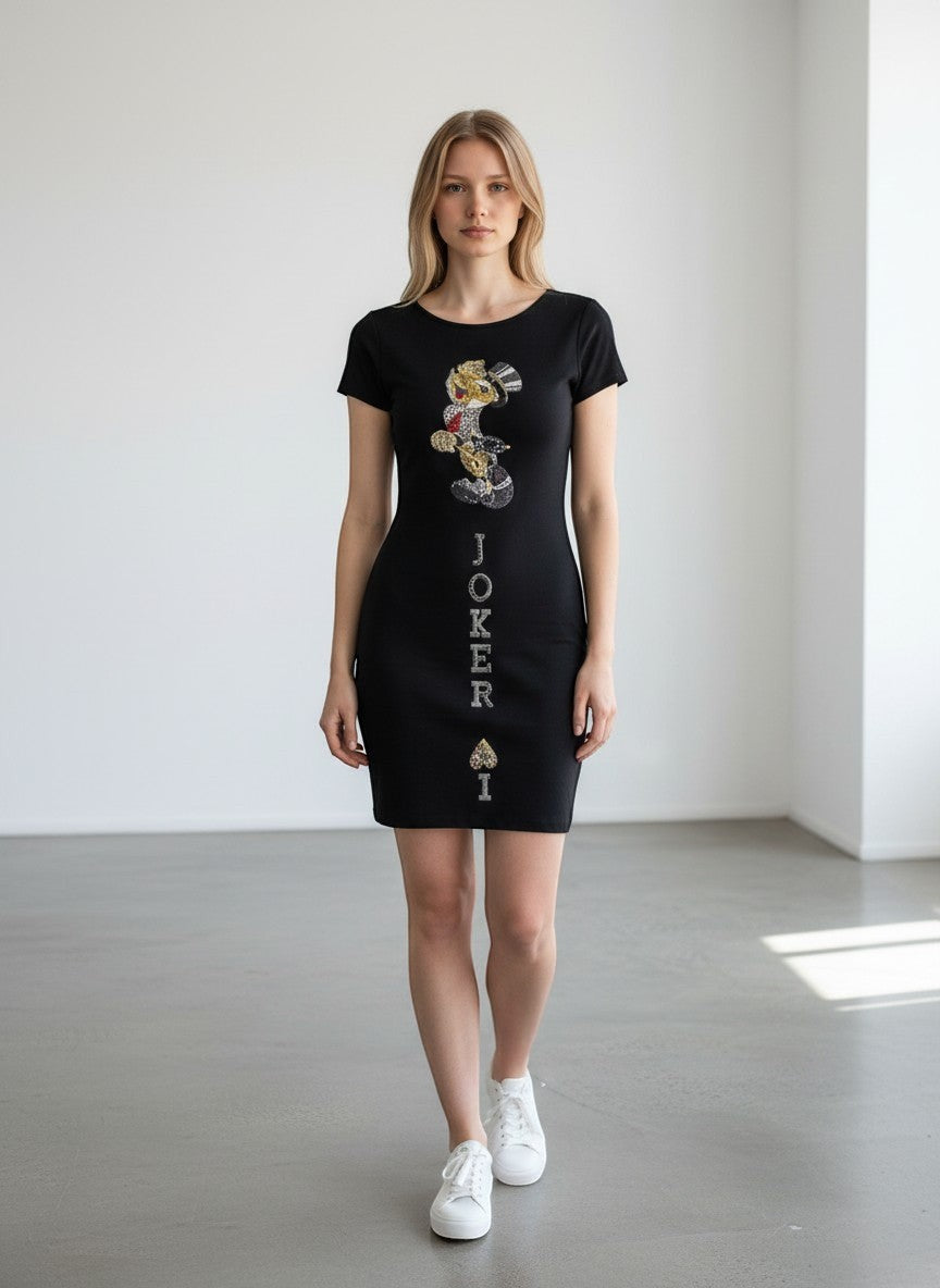 BERLIN VINTAGE CORNER black short sleeve mini dress with a sequined Joker graphic and rhinestone text.