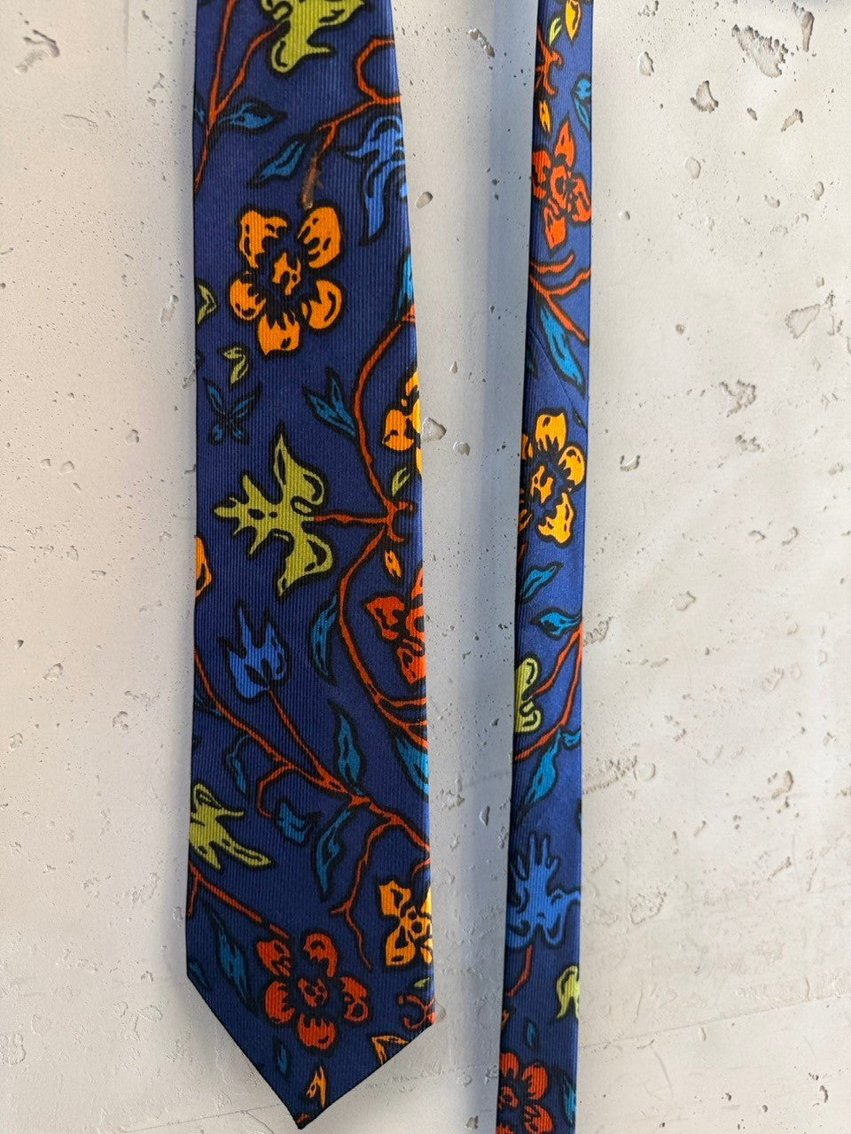 BERLIN VINTAGE CORNER JOOP! blue necktie with vibrant orange, yellow, and teal floral botanical pattern