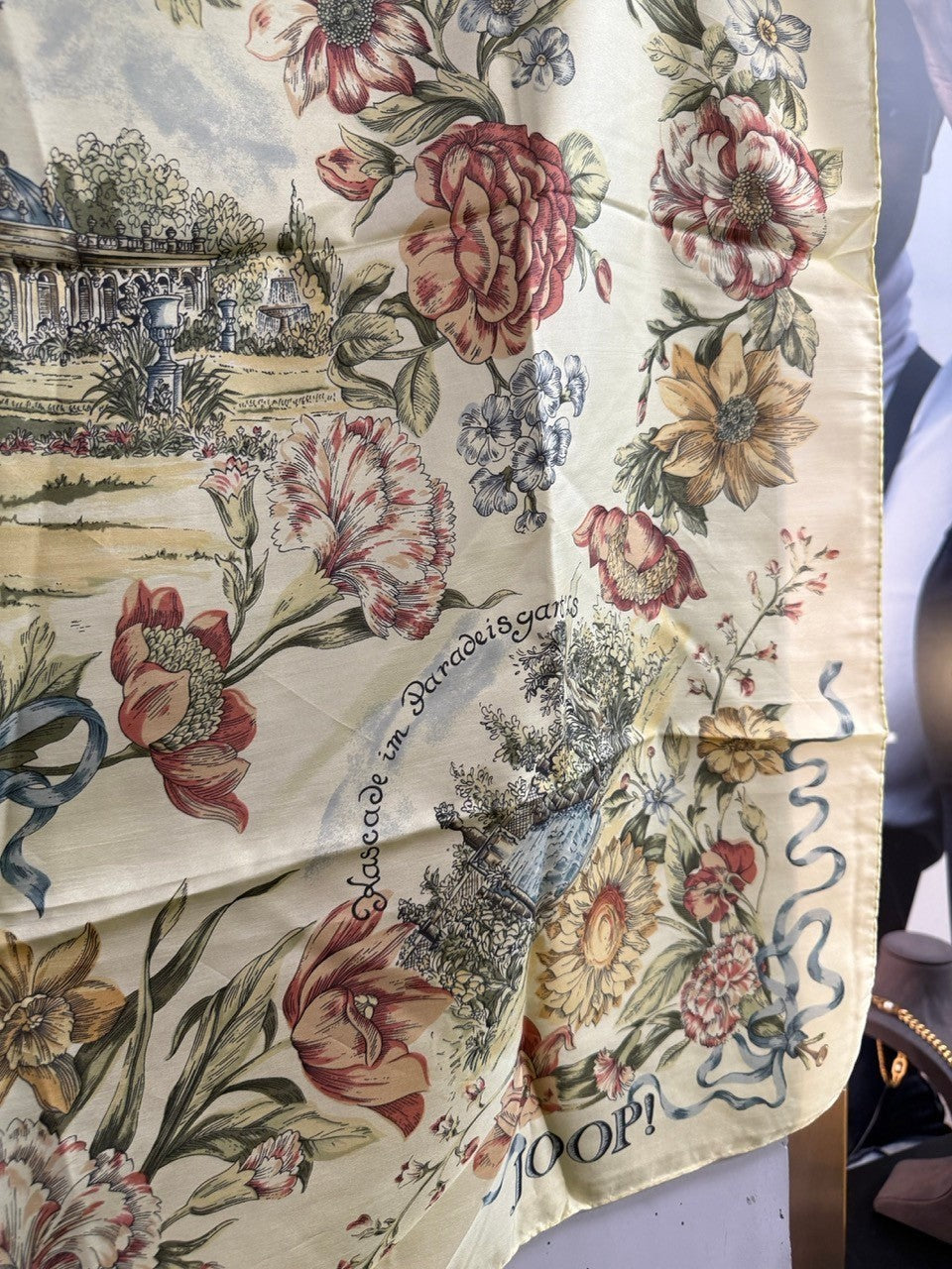BERLIN VINTAGE CORNER JOOP! silk scarf in buttery yellow with floral print, garden motifs, and architectural details.