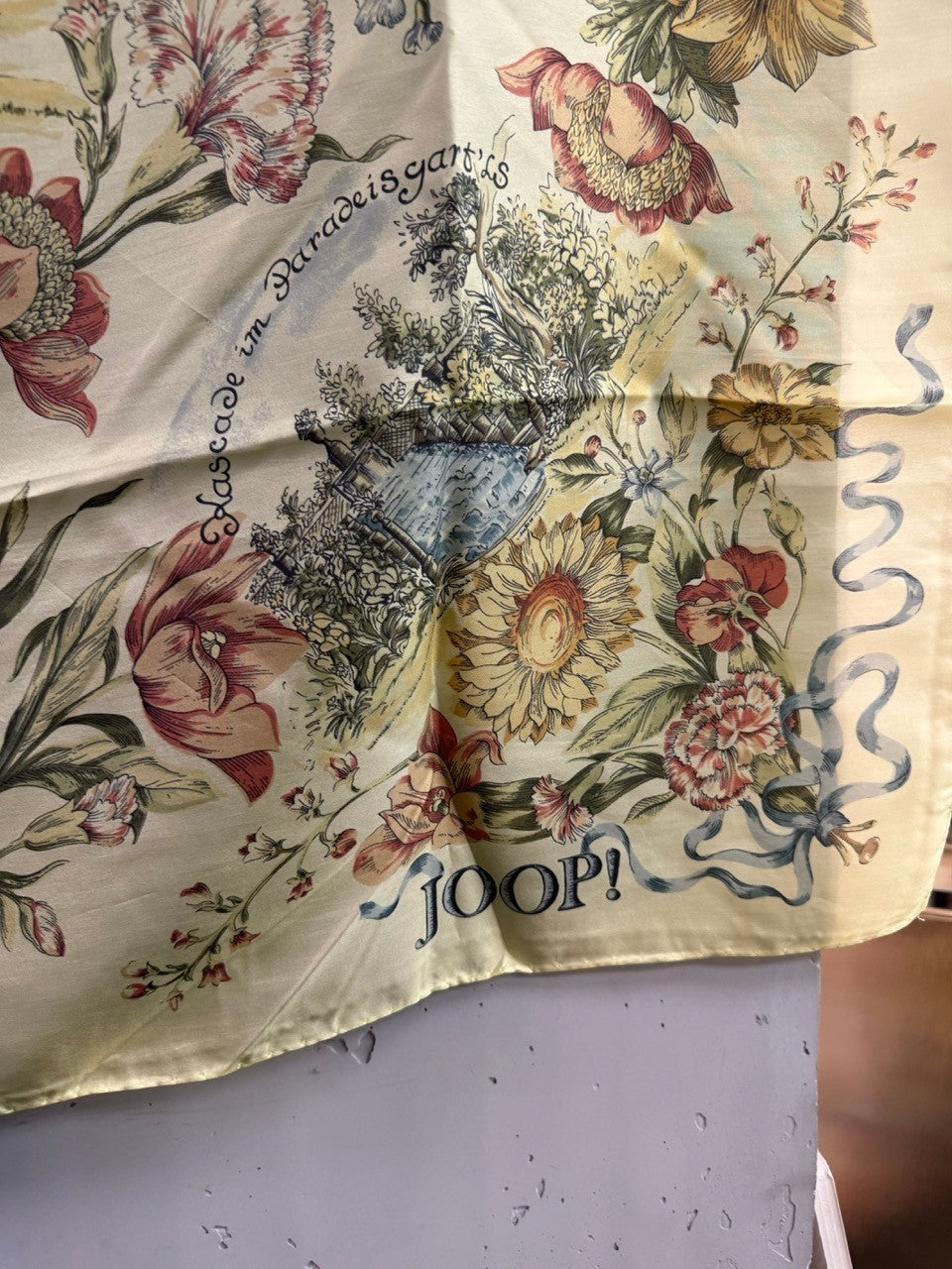 BERLIN VINTAGE CORNER JOOP! silk scarf in buttery yellow with floral Sanssouci garden print and architectural motifs.