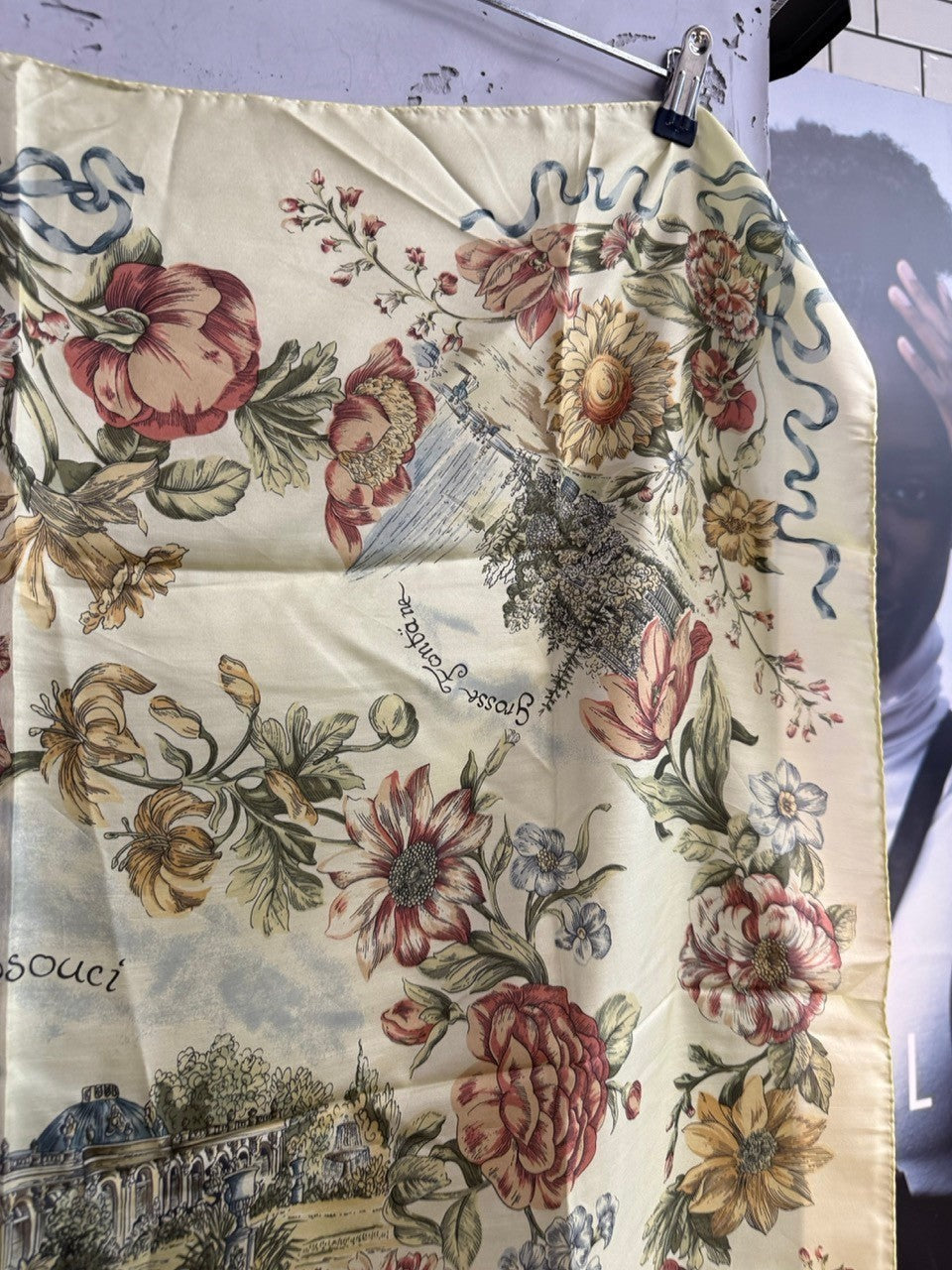 BERLIN VINTAGE CORNER JOOP! silk scarf in buttery yellow with floral print, ribbons, and Sanssouci palace motifs.