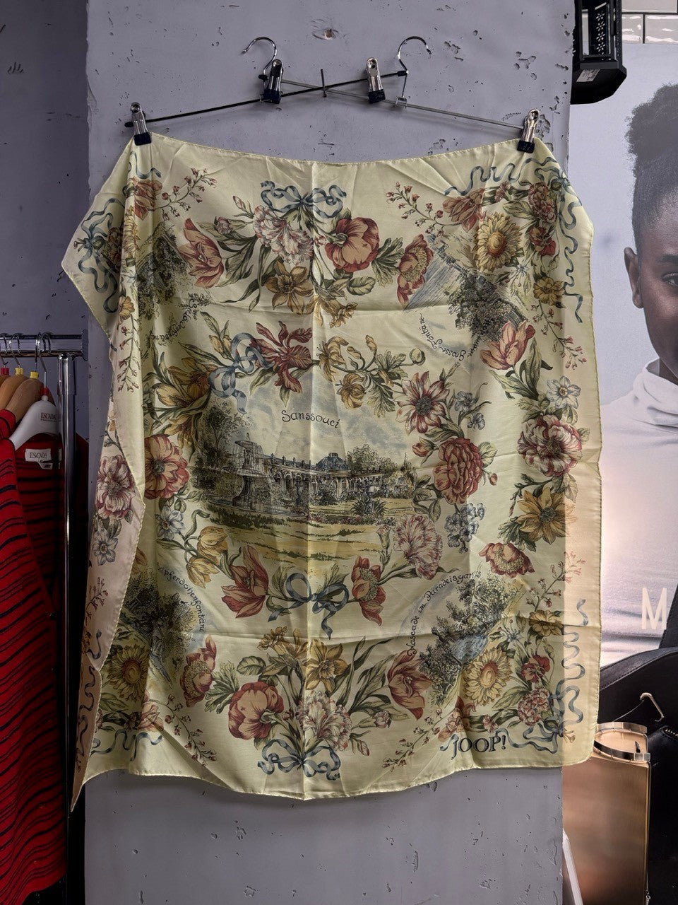 BERLIN VINTAGE CORNER JOOP! silk scarf in buttery yellow with floral Sanssouci palace print and ribbon details.