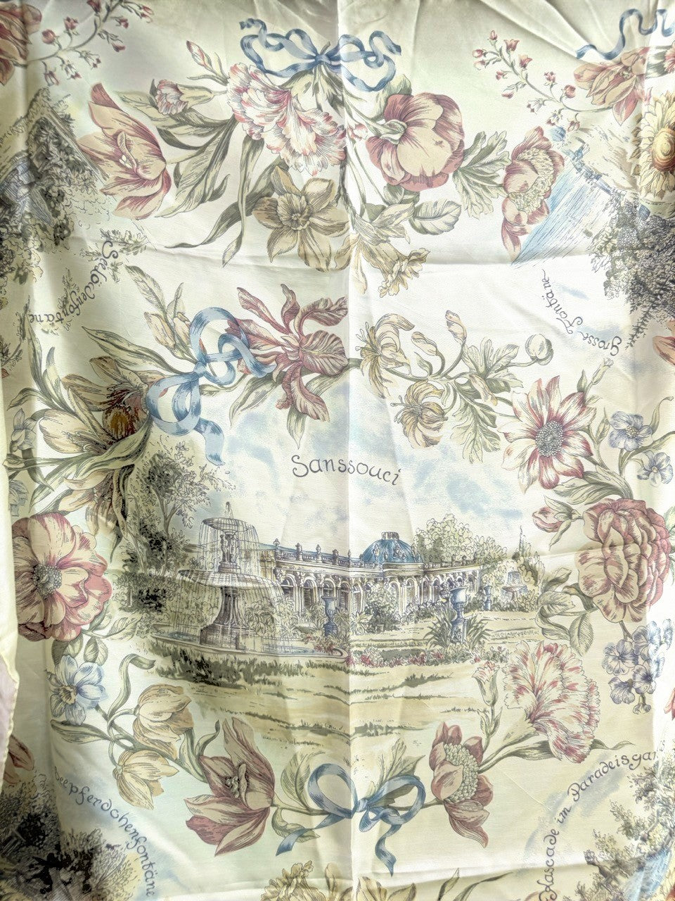 BERLIN VINTAGE CORNER JOOP! silk scarf with yellow background, floral print, and Sanssouci palace garden illustration.