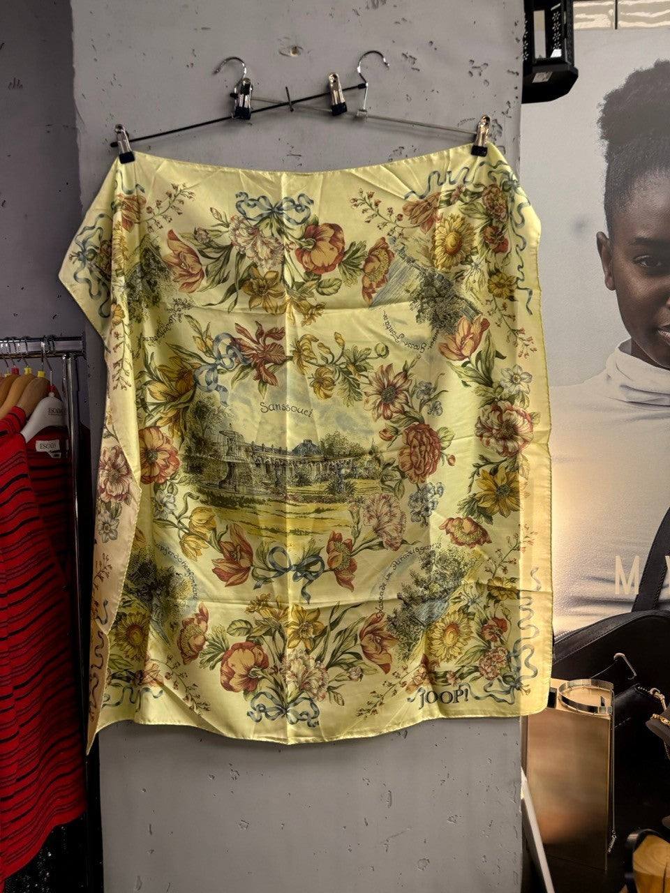 BERLIN VINTAGE CORNER JOOP! silk scarf in buttery yellow with Sanssouci palace floral print and architectural motifs.