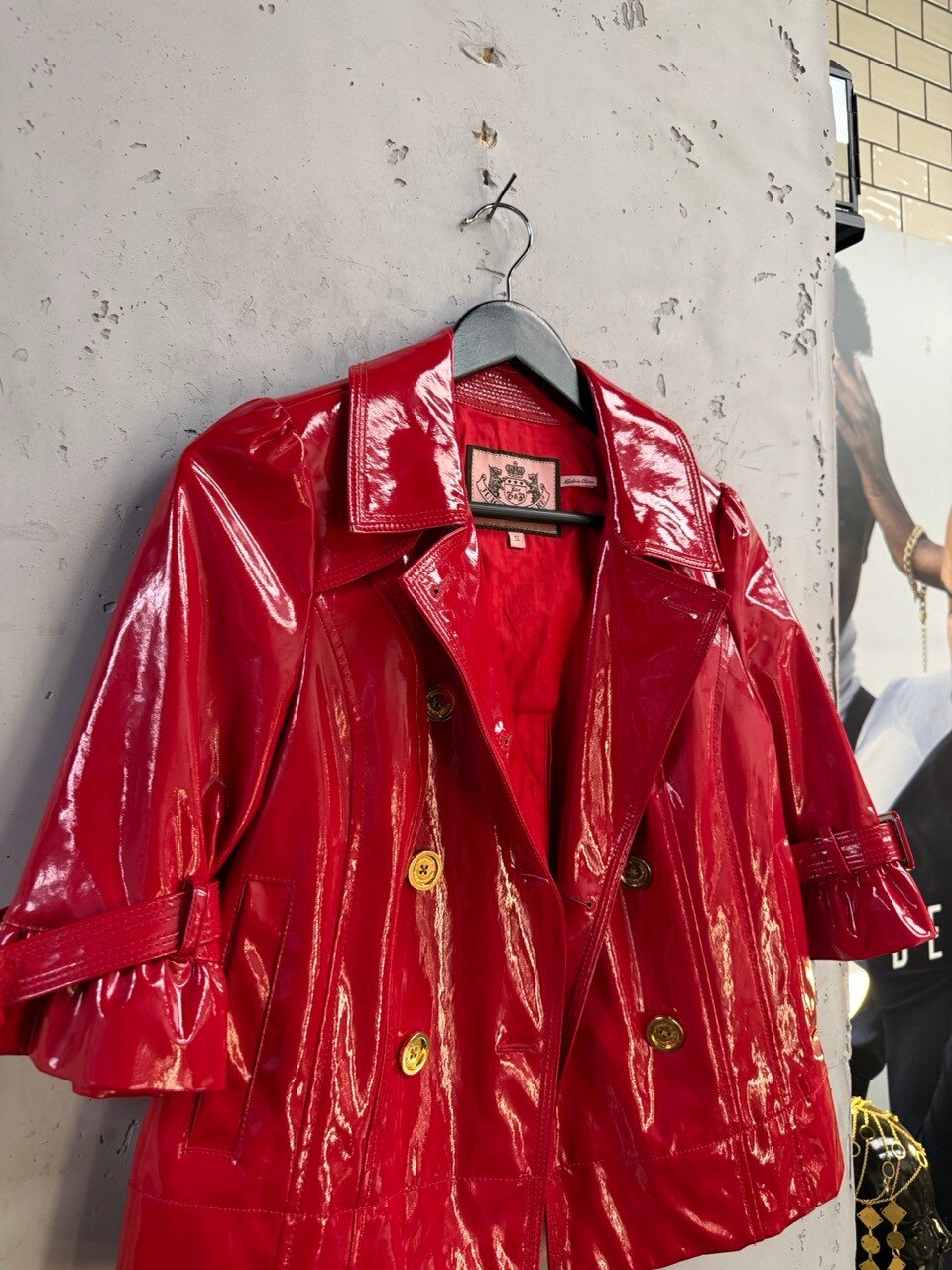 Juicy Couture red patent coat, front at an angle