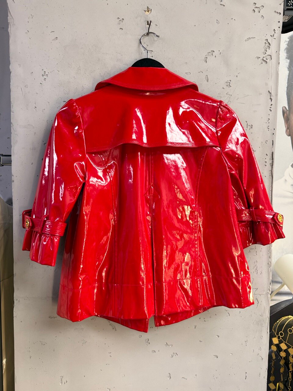 Juicy Couture red patent coat, back with storm flap