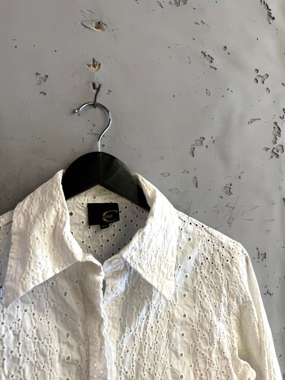 BERLIN VINTAGE CORNER Just Cavalli white long sleeve button-down shirt with intricate eyelet embroidery and collar.