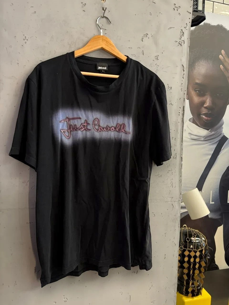 BERLIN VINTAGE CORNER black Just Cavalli cotton crewneck t-shirt with a spray-paint effect logo graphic