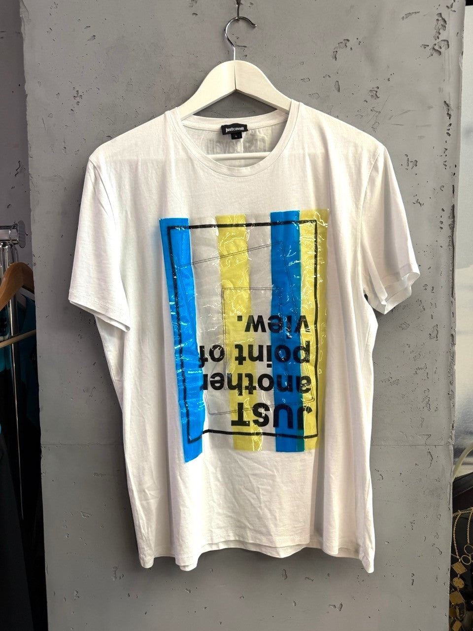 BERLIN VINTAGE CORNER white Just Cavalli cotton crew neck t-shirt with blue and yellow striped inverted text graphic