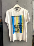 BERLIN VINTAGE CORNER white Just Cavalli cotton crew neck t-shirt with blue and yellow striped inverted text graphic