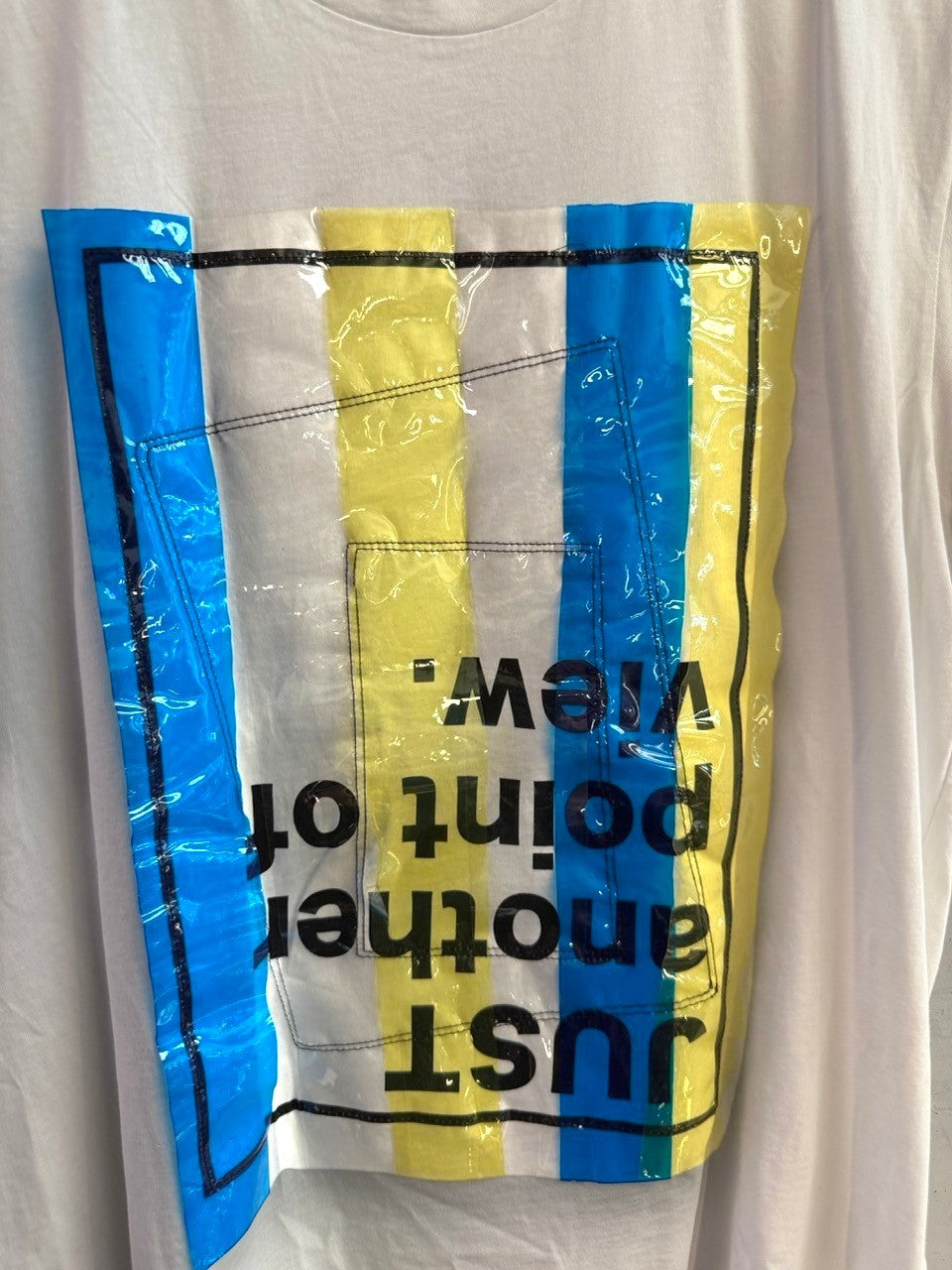 BERLIN VINTAGE CORNER Just Cavalli white cotton crew neck t-shirt with blue and yellow striped graphic print