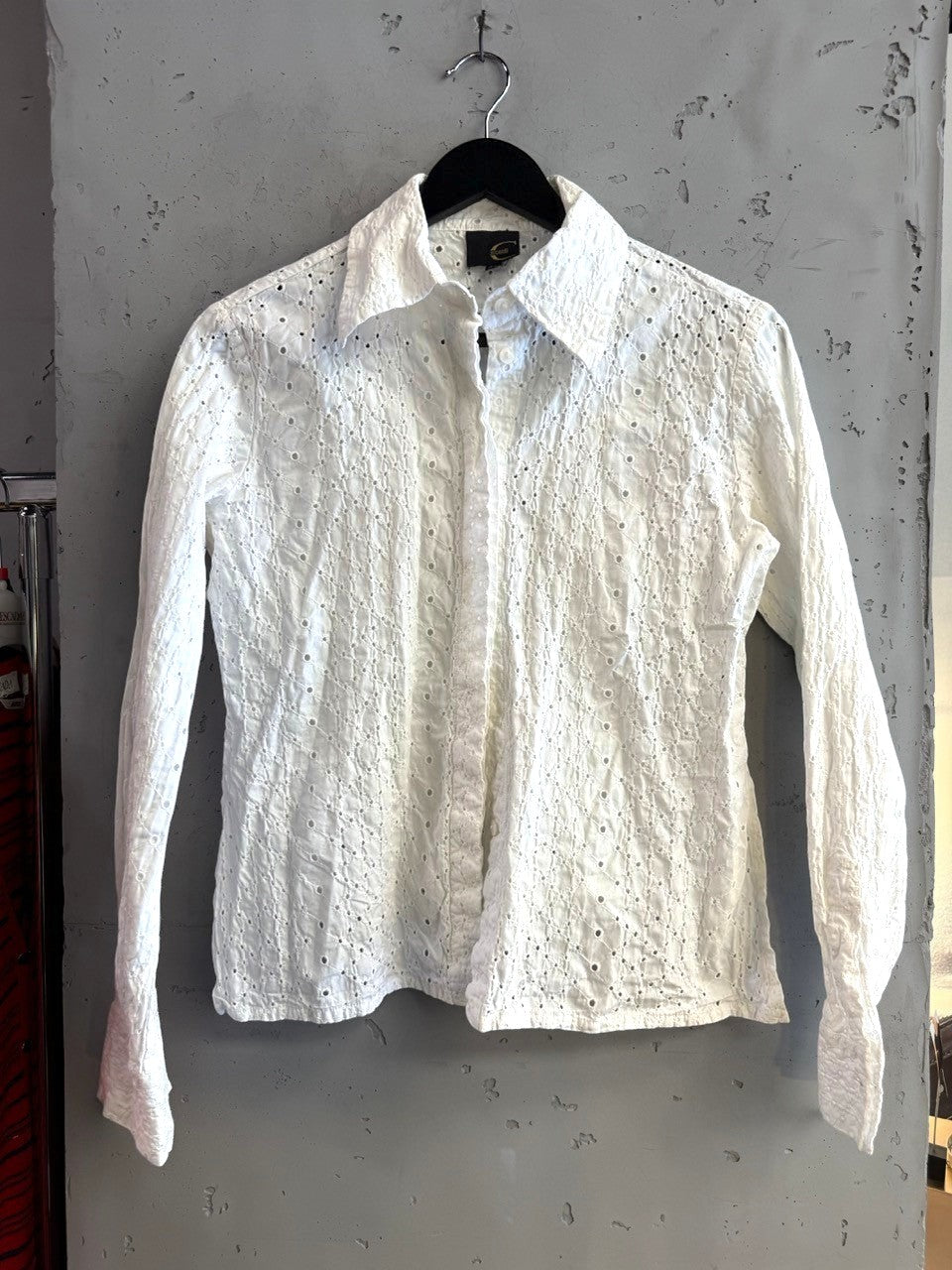 BERLIN VINTAGE CORNER Just Cavalli white long sleeve button-down shirt with intricate all-over eyelet embroidery.