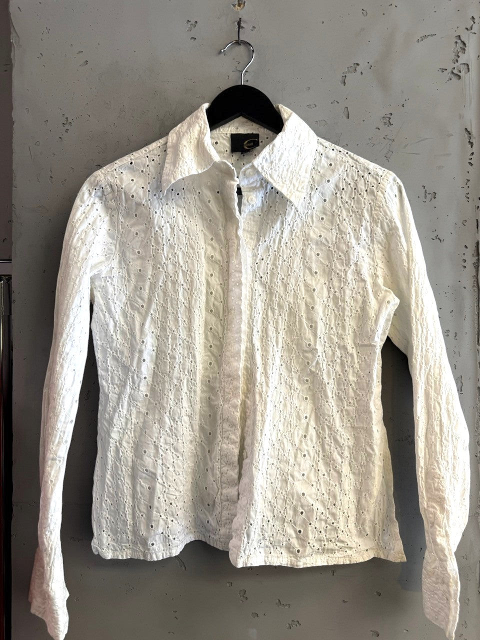 BERLIN VINTAGE CORNER Just Cavalli white long sleeve button-down shirt with intricate all-over eyelet embroidery.